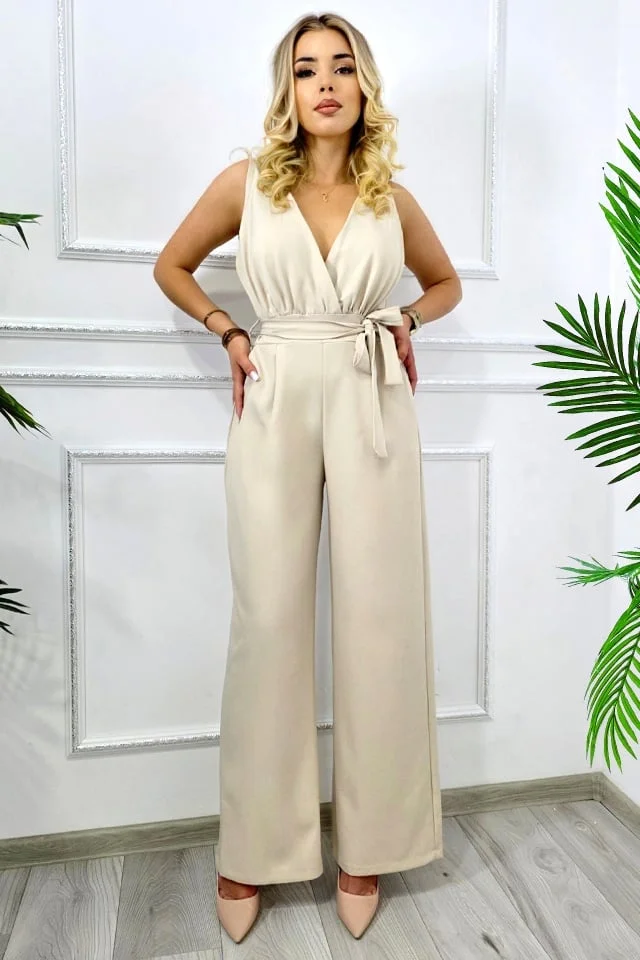 Salopeta lunga eleganta YLINA, cu spate semidecupat si cordon, Crem, Marime S/M