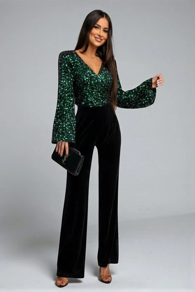 Salopeta lunga semidecupata AVEN, din catifea cu paiete, Verde, Marime S/M