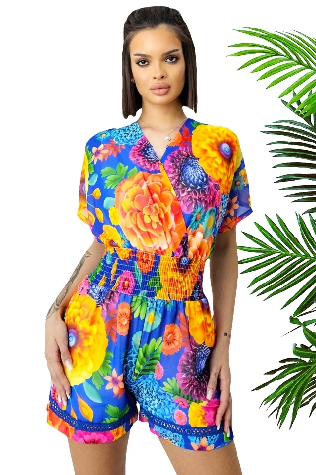 Salopeta scurta Yonela, cu imprimeu floral si detalii brodate, Albastru