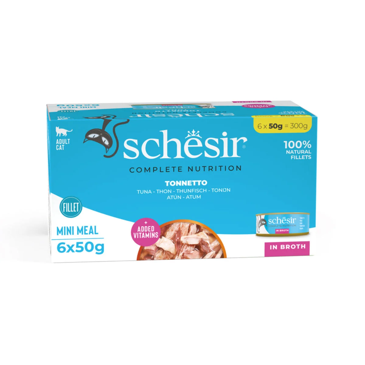 SCHESIR Complete Nutrition, Ton, conservă hrană umedă pisici, (în supă), multipack, 50g x 6buc