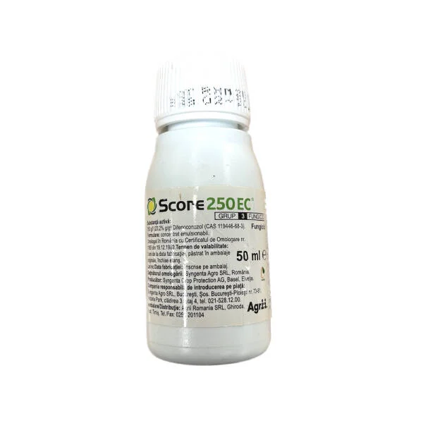 Score 250EC 50 ml, fungicid sistemic, Syngenta, Rapan, Monilioza, Fainare, Alternarioza, Basicarea frunzelor; (cais, capsun, cires, mar, piersic, rapita, sfecla zahar, tomate, visin)
