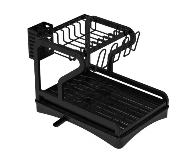 Scurgator vase cu suport de tacamuri si pahare negru 2 niveluri tava scurgere MZY 1139A