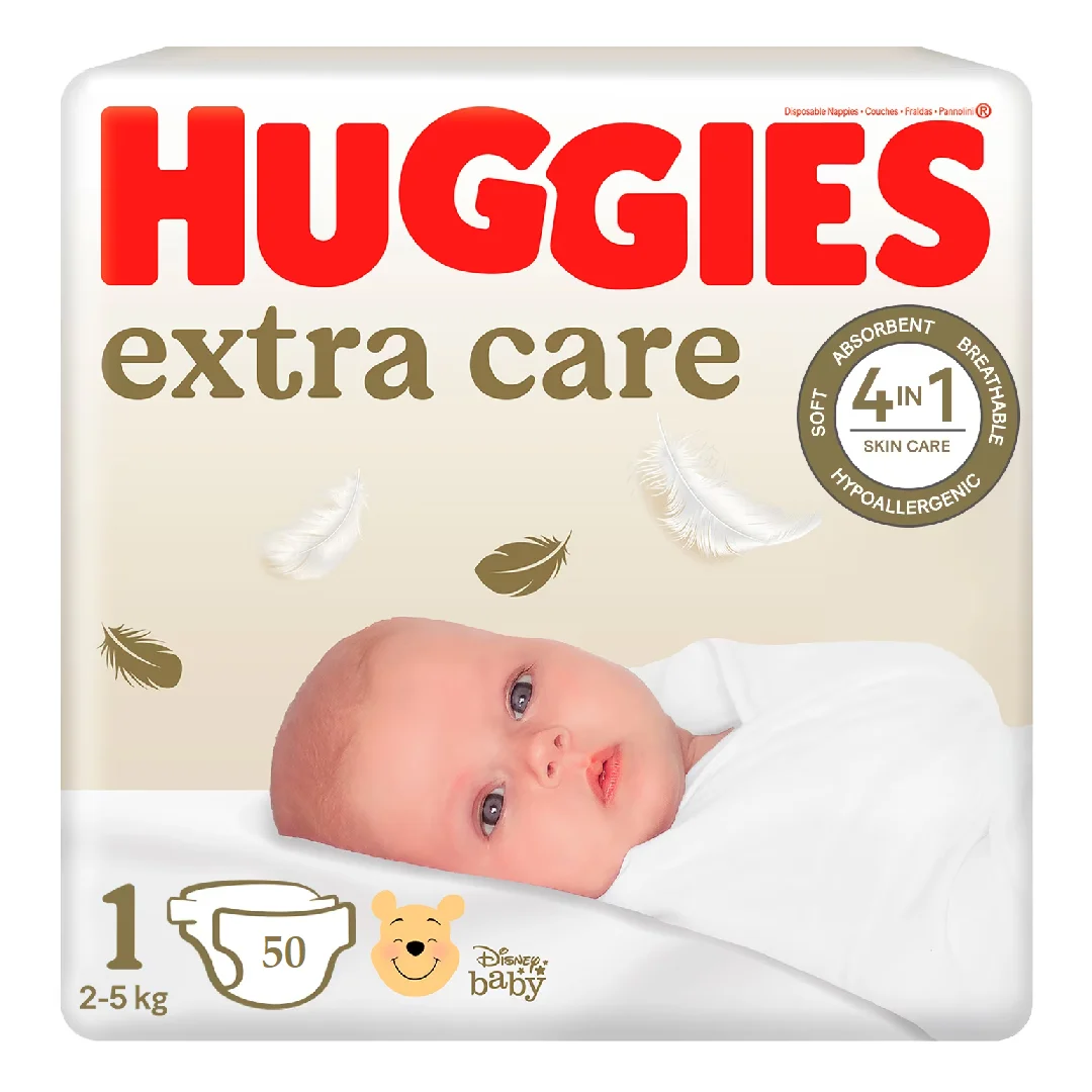 Scutece Extra Care Marimea 1, 2-5 kg, 50 bucati, Huggies