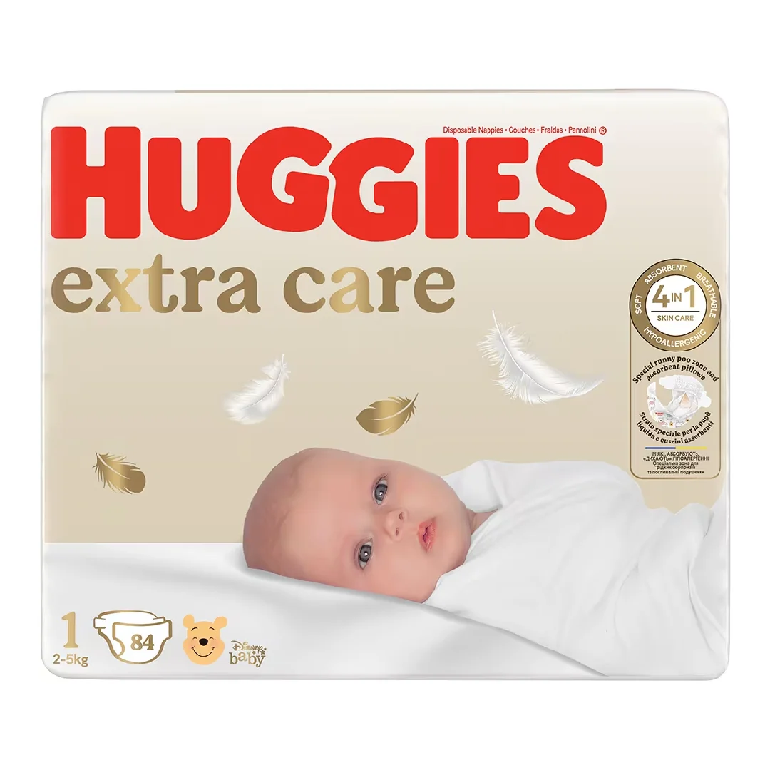 Scutece Extra Care Marimea 1, 2-5 kg, 84 bucati, Huggies