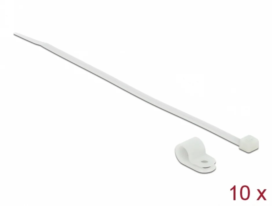 Set 10 bride L 200 x W 4.8 mm + 10 cleme montare 9.5 mm Alb, Delock 18867