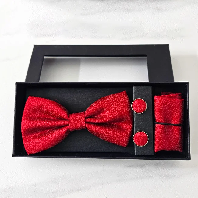 Set 3 piese Gentleman, pentru barbati, papion, buton si batista din stofa, Rosu