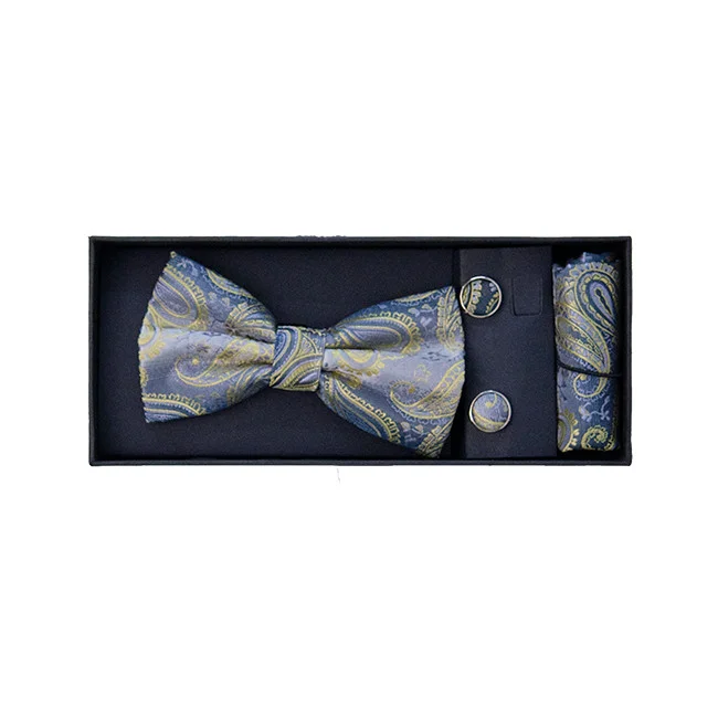 Set 3 piese Mistery, pentru barbati, papion, butoni si batista din stofa, argintiu cu imprimeu auriu , MS110