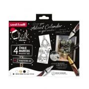 Set 4x Marker cu creta UNI Chalk PWE-5M XMAS Elegante, 1. 8-2. 5mm, alb, auriu, arginiu, negru + 2 sabloane A3