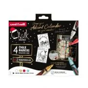 Set 4x Marker cu creta UNI Chalk PWE-5M XMAS Traditional 2, 1. 8-2. 5mm, alb, auriu, verde, rosu + 2 sabloane A3