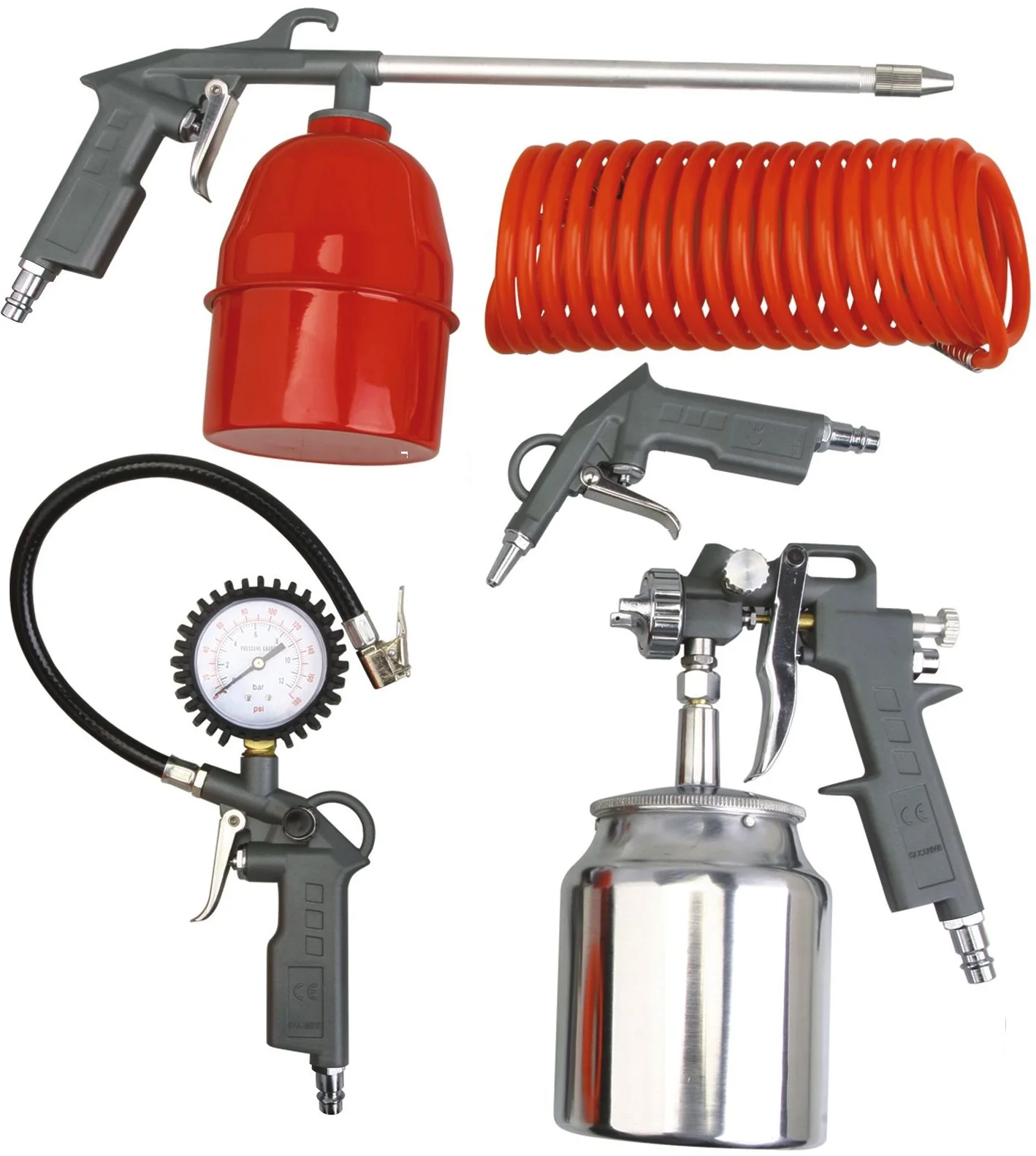 Set 7 PIESE Vopsit cu aer comprimat 4 Pistoale Pneumatice 2 Recipiente Vopsea 1 Furtun Flexibil