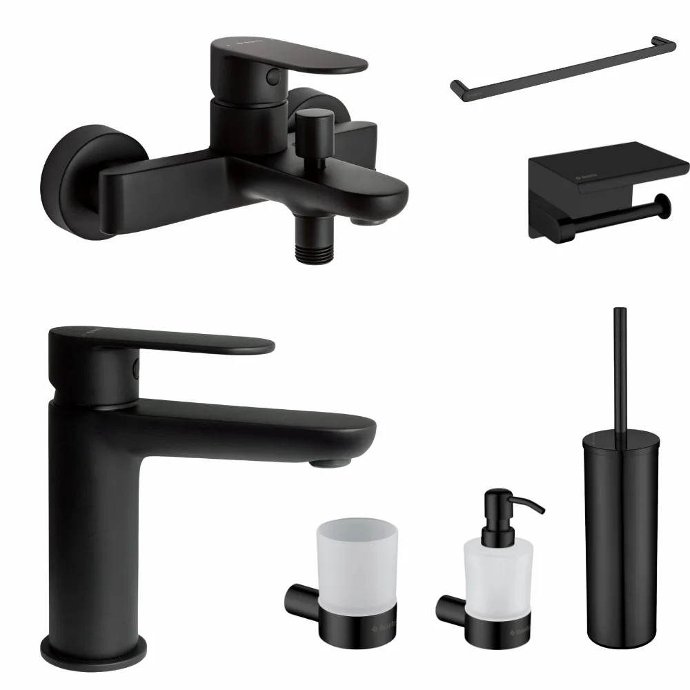 Set baterie cada si baterie lavoar Deante Alpinia cu accesorii baie Deante Round, negru