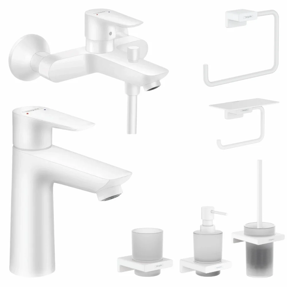 Set baterie cada si baterie lavoar Hansgrohe Talis cu accesorii baie Hansgrohe AddStoris, alb mat