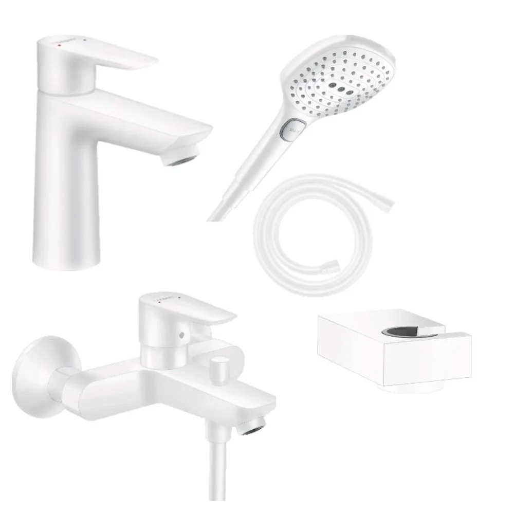 Set baterie lavoar, baterie cada si set de dus, alb mat, Hansgrohe Talis E