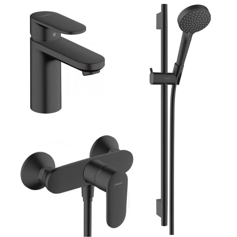 Set baterie lavoar, baterie dus si set de dus, negru mat, Hansgrohe Vernis Blend
