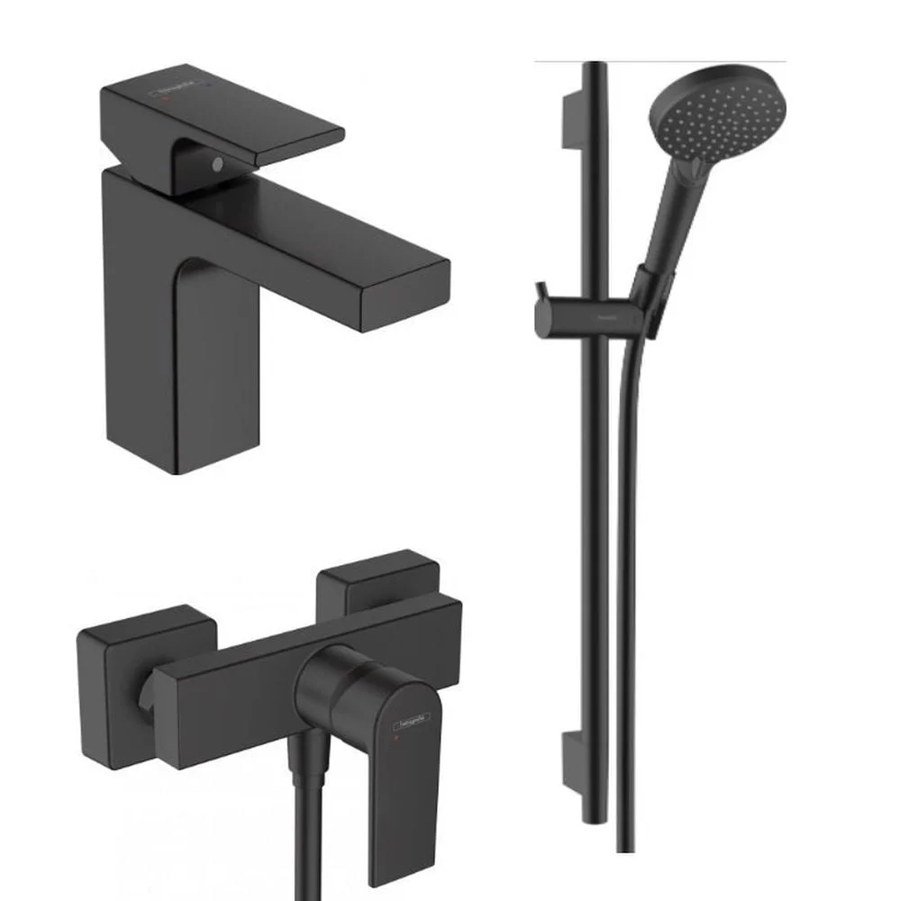 Set baterie lavoar, baterie dus si set de dus, negru mat, Hansgrohe Vernis Shape