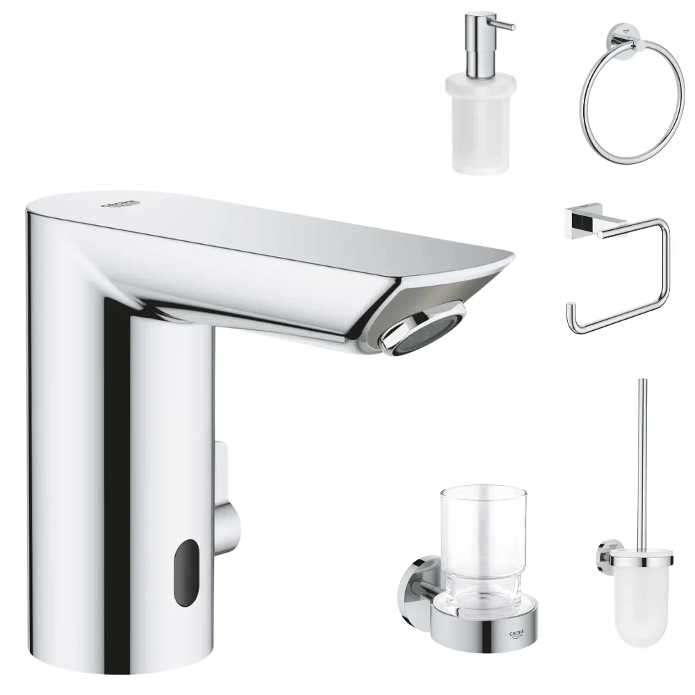 Set baterie lavoar cu senzor Grohe Bau Cosmopolitan si accesorii Grohe Essentials, crom