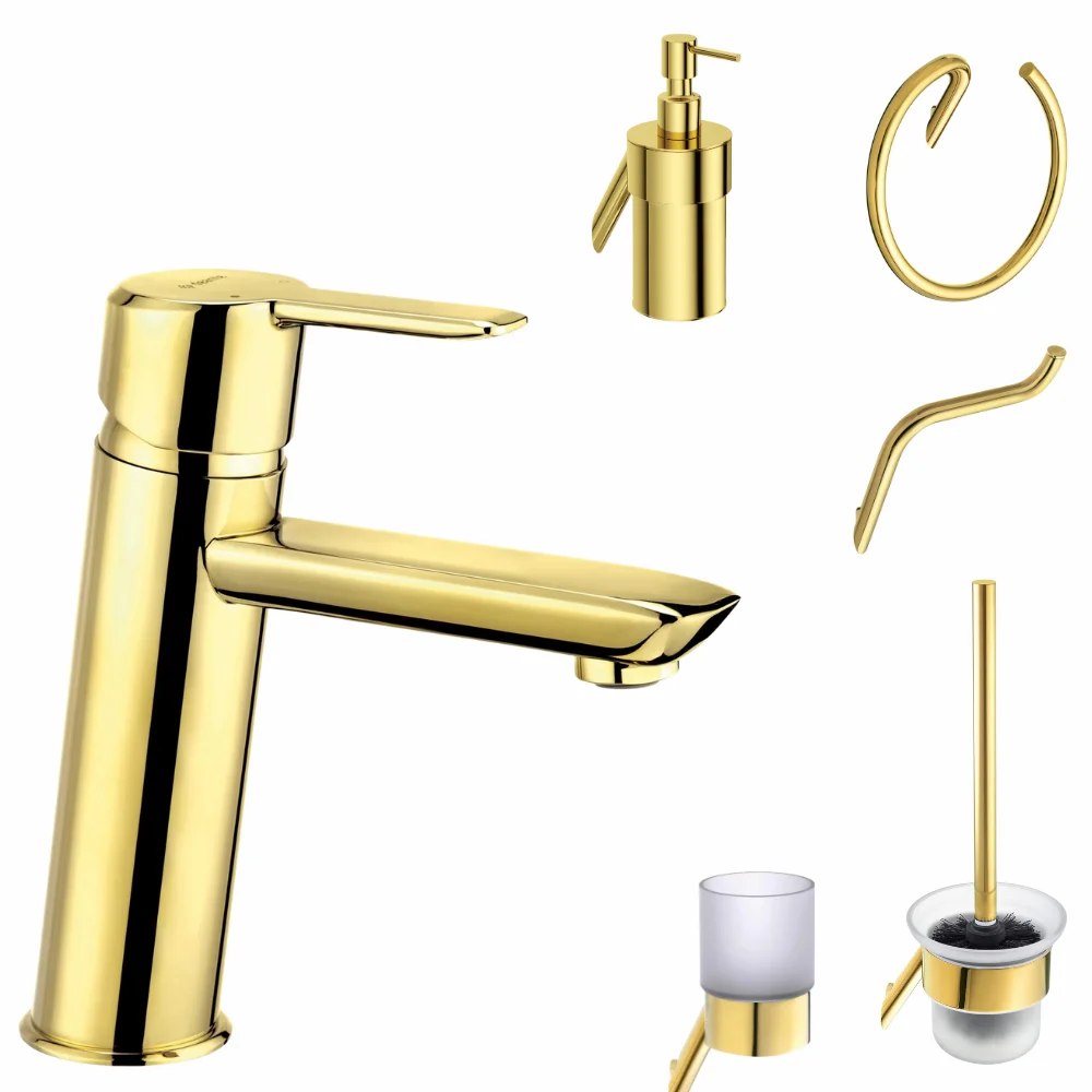 Set baterie lavoar Deante Arnika si accesorii baie Deante Silia, auriu lucios
