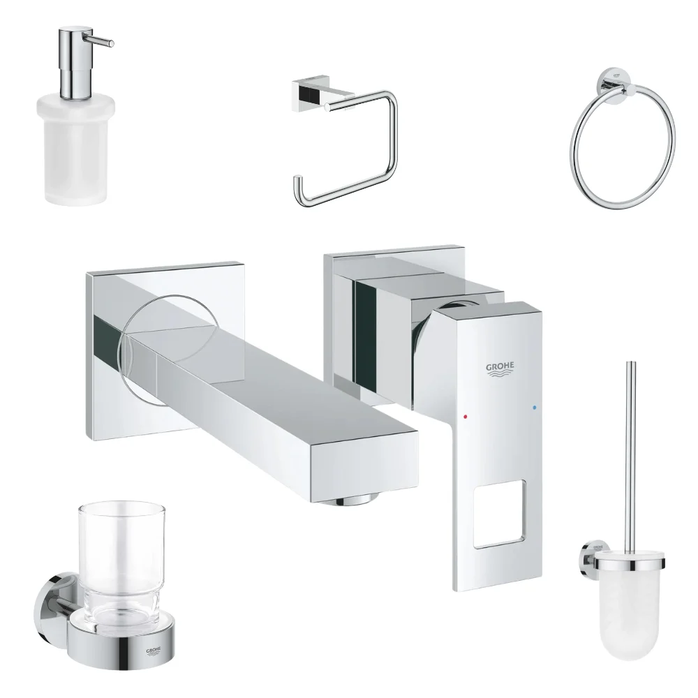 Set baterie lavoar incastrata Grohe Eurocube si accesorii baie Grohe Essentials, crom