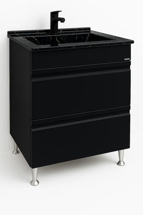 Set Baza front MDF si Lavoar granit seria 486, cu sertare, 60 cm, negru