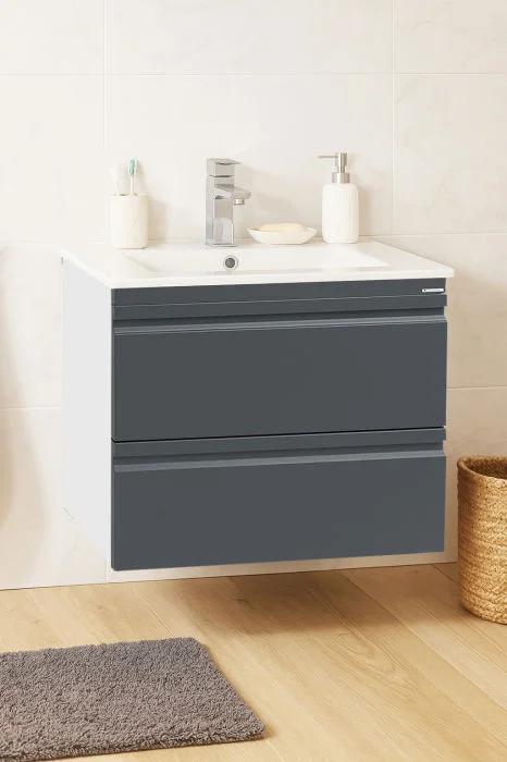 Set baza front MDF si Lavoar seria 086, suspendata cu sertare, 60 cm, antracit