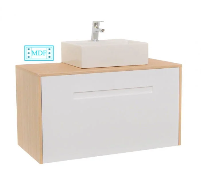 Set Baza front MDF si Lavoar seria 401, suspendata cu sertare, 90 cm, alb + fag