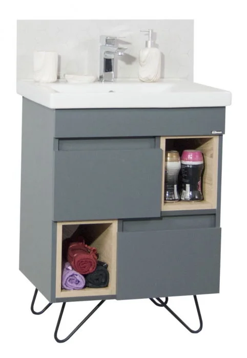 Set Baza front MDF si Lavoar seria 760, cu picioare metalice, 60 cm, antracit + sonoma