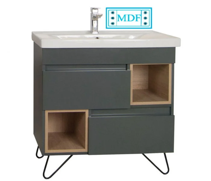 Set Baza front MDF si Lavoar seria 760, cu picioare metalice, 80 cm, antracit + sonoma