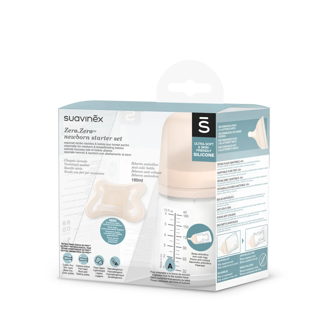 Set biberon anticolici 180ml variabil+Suzetă -2-2 luni, Zero Zero, Suavinex
