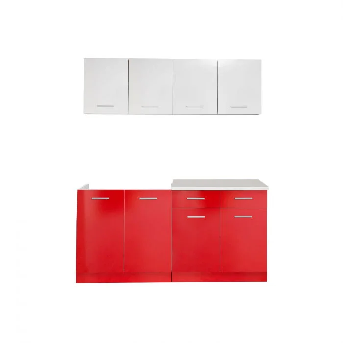 Set Bucatarie CORINNE, L 160, 4 corpuri, blat, corp alb lucios, fronturi alb lucios + rosu
