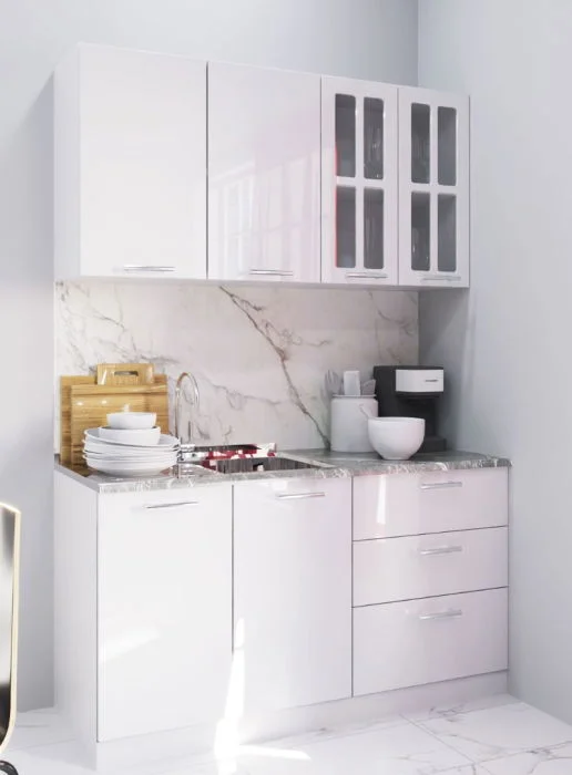 Set bucatarie IRIS 140 cm, 4 corpuri, cu sertare, blat termorezistent, fronturi MDF, alb