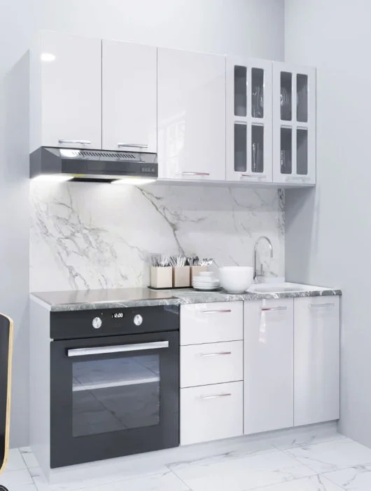 Set bucatarie IRIS 160 cm, 6 corpuri, corp cuptor, blat termorezistent, fronturi MDF, alb