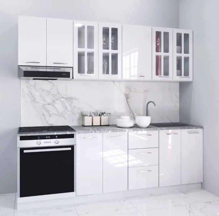 Set bucatarie IRIS 220 cm, 8 corpuri, blat termorezistent, fronturi MDF, alb