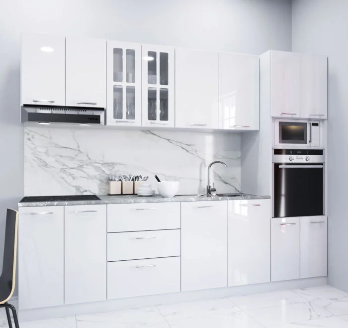 Set bucatarie IRIS 260 cm, 7 corpuri, corp cuptor + microunde, blat termorezistent, fronturi MDF, alb