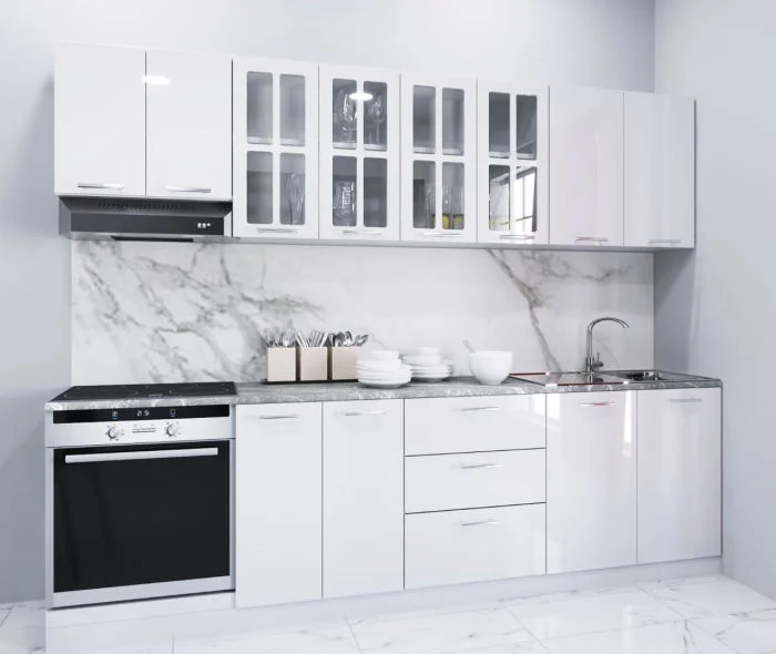 Set bucatarie IRIS 260 cm, 8 corpuri, blat termorezistent, fronturi MDF, alb
