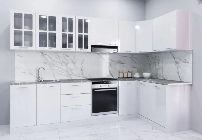 Set bucatarie IRIS COLT 300x140 cm, 11 corpuri, blat termorezistent, fronturi MDF, alb