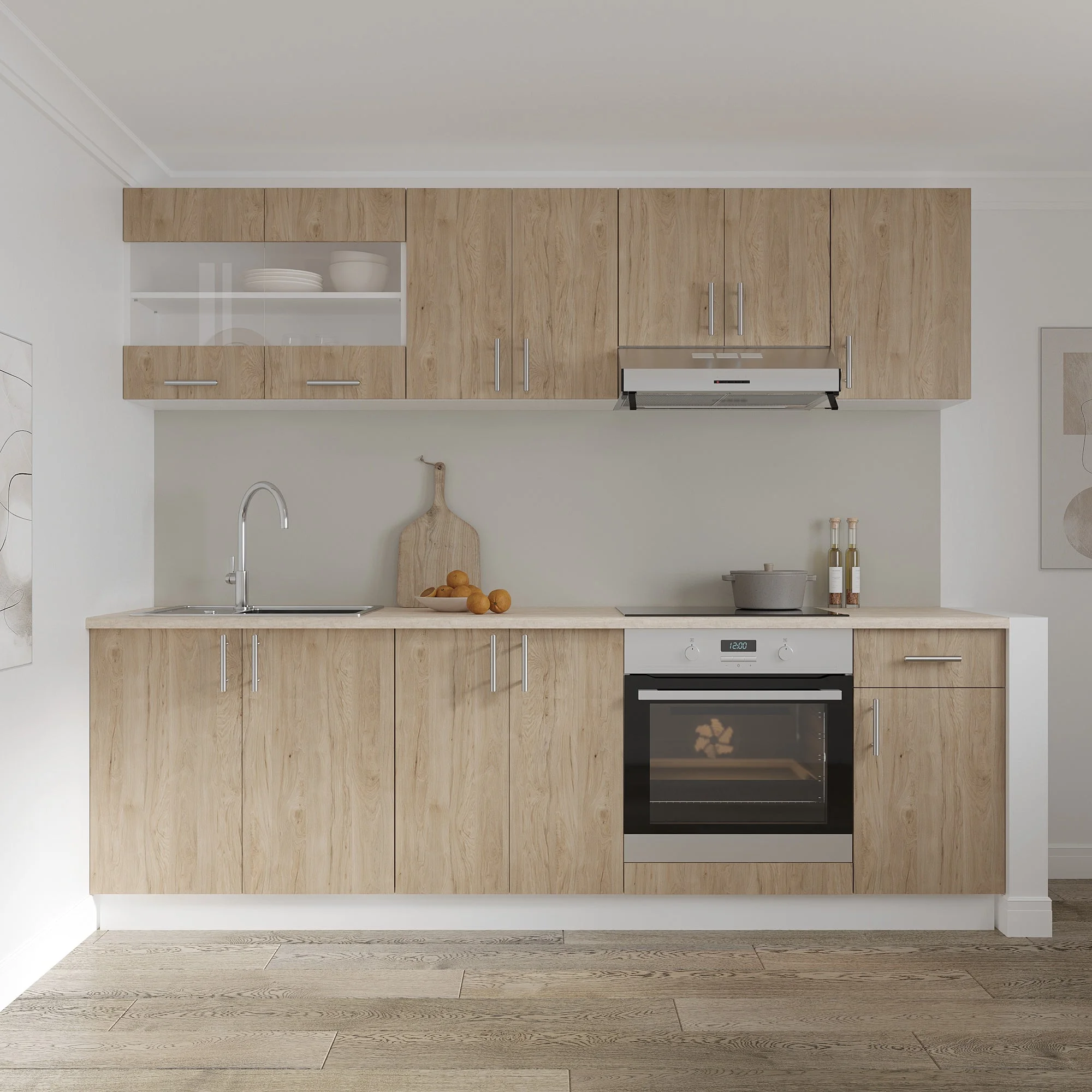 Set Bucatarie Karo V15, Lemn Natural/Alb, Blat Thermo 28 mm, L 240 cm