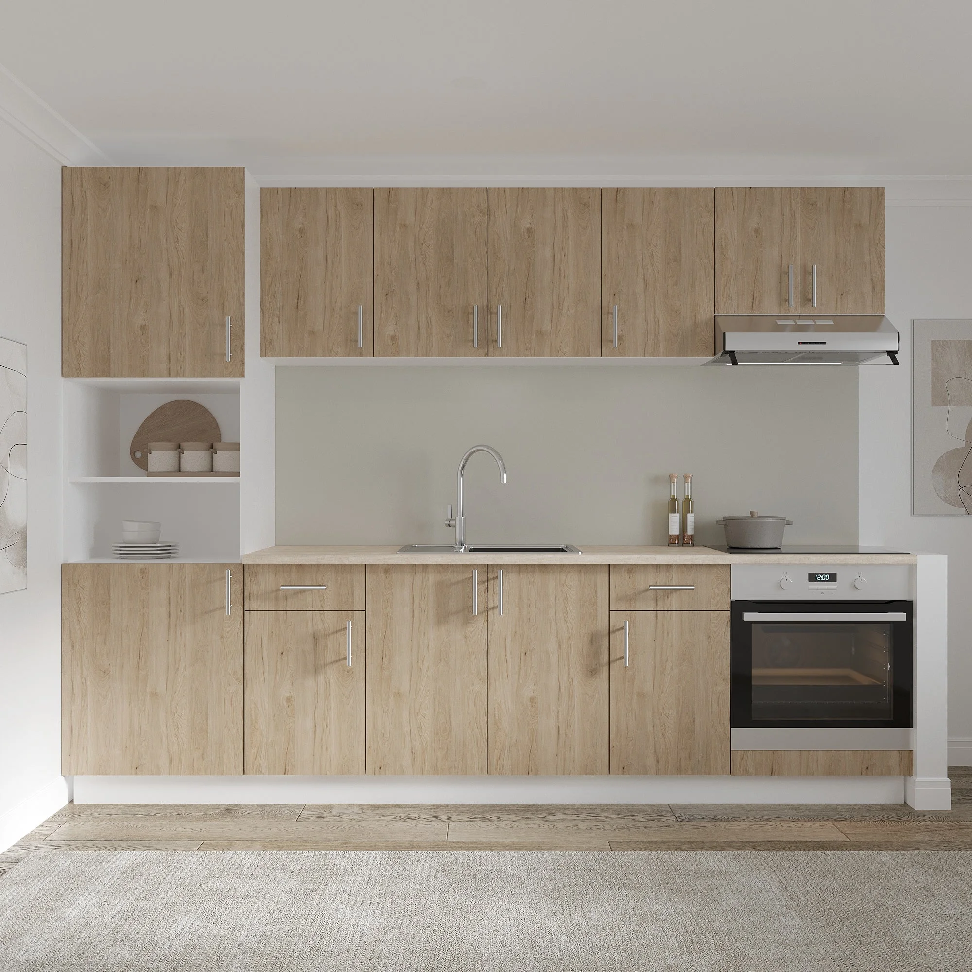 Set Bucatarie Karo V24, Lemn Natural/Alb, Blat Thermo 28 mm, L 280 cm