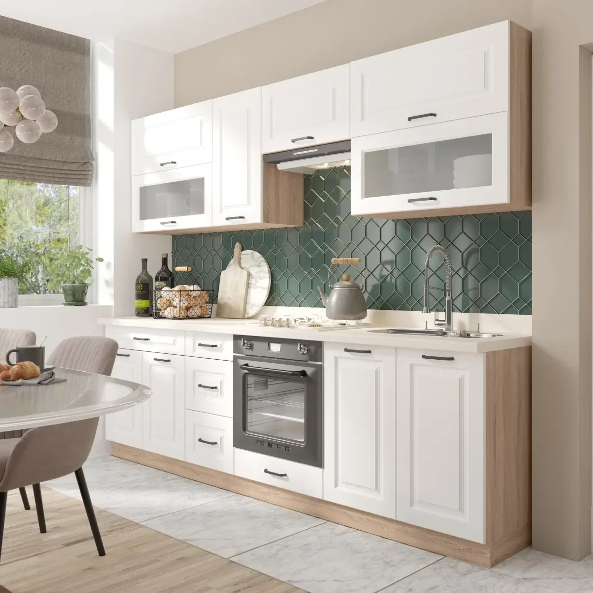 Set Bucatarie SMART A Plus, L 270, 8 corpuri, fara blat termorezistent, corp sonoma, fronturi alb mat