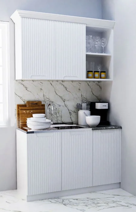 Set bucatarie SPACE 120 cm, 2 corpuri, blat termorezistent, fronturi MDF, alb antichizat