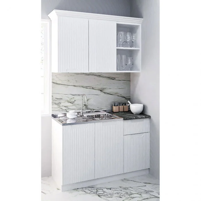 Set bucatarie SPACE 120 cm, 2 corpuri, cu sertar, blat termorezistent, fronturi MDF, alb antichizat