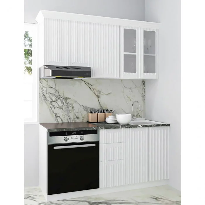 Set bucatarie SPACE 160 cm, 6 corpuri, corp cuptor, cu sertare, blat termorezistent, fronturi MDF, alb rustic