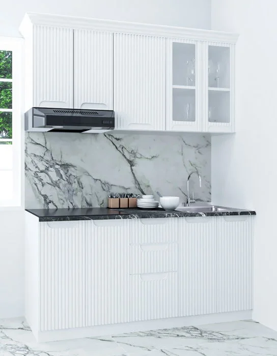 Set bucatarie SPACE 160 cm, 6 corpuri, cu sertare, blat termorezistent, fronturi MDF, alb rustic