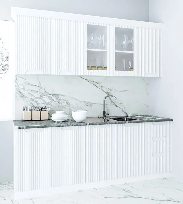 Set bucatarie SPACE 200 cm, 6 corpuri, blat termorezistent, fronturi MDF, alb rustic