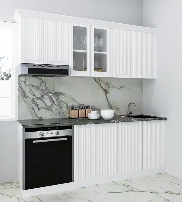 Set bucatarie SPACE 200 cm, 6 corpuri, corp cuptor, blat termorezistent, fronturi MDF, alb rustic