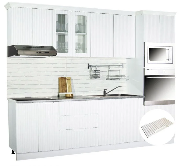 Set bucatarie SPACE 260 cm, 7 corpuri, corp cuptor + microunde, blat termorezistent, fronturi MDF, alb rustic