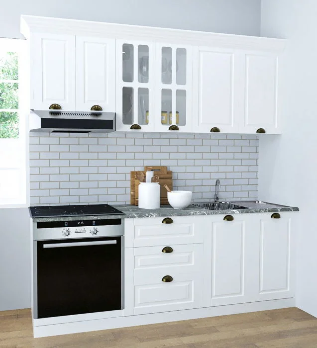 Set bucatarie SQUARE 200 cm, 6 corpuri, corp cuptor, cu sertare, blat termorezistent, fronturi MDF, culoare alb rustic