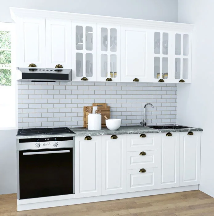 Set bucatarie SQUARE 220 cm, 8 corpuri, blat termorezistent, fronturi MDF, alb rustic