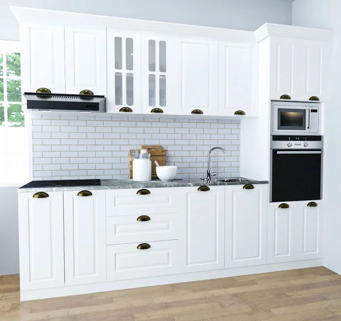 Set bucatarie SQUARE 260 cm, 7 corpuri, corp cuptor + microunde, blat termorezistent, fronturi MDF, alb rustic