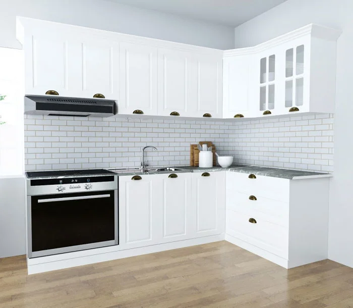 Set bucatarie SQUARE COLT 240x140 cm, 9 corpuri, blat termorezistent, fronturi MDF, alb rustic