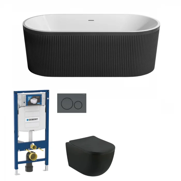 Set cada freestanding ovala 3D, vas wc rimless cu capac soft close, rezervor incastrat si clapeta neagra